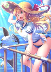 Rule 34 | 1girl, bikini, bikini bottom only, bird, blonde hair, blue eyes, breasts, cloud, cloudy sky, commentary request, compass, day, hat, highres, jewelry, large breasts, lens flare, long hair, necklace, nicoby, ocean, open mouth, original, pier, railing, seagull, shirt, sky, smile, solo, straw hat, swimsuit, tied shirt