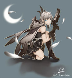 Rule 34 | 1girl, boots, cloak, cross-laced footwear, destiny (game), e draw paint, earrings, gun, handgun, hawkmoon (destiny), highres, hood, hood down, hooded cloak, jewelry, knee boots, lace-up boots, looking back, personification, pistol, revolver, sidelocks, silver hair, simple background, skirt, smile, trigger discipline, weapon