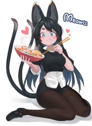 Rule 34 | 1girl, :3, absurdres, animal ears, black footwear, black hair, black pantyhose, black shorts, black sweater, blue eyes, blush, bowl, breasts, cat ears, cat girl, chopsticks, collared shirt, cropped sweater, dress shirt, eating, food, full body, full mouth, heart, highres, holding, holding bowl, loafers, long hair, looking at viewer, medium breasts, noodles, orangefox, original, pantyhose, ramen, ranguage, shirt, shoes, short shorts, shorts, simple background, sitting, slit pupils, solo, sweater, thick eyebrows, thighs, twintails, untucked shirt, very long hair, wariza, white shirt, wing collar