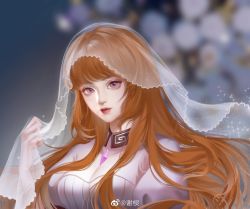 Rule 34 | 1girl, brown hair, collar, douluo dalu, dress, gem, hair undone, highres, long hair, looking at viewer, pink dress, pink eyes, solo, sparkle, upper body, veil, xiao wu (douluo dalu), xie ling