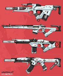 Rule 34 | absurdres, artist name, assault rifle, copyright name, from side, gun, highres, magazine (weapon), no humans, peter (peter6409), red background, rifle, trigger, valorant, weapon, weapon focus