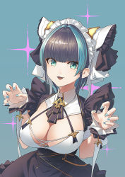 Rule 34 | 1girl, :d, animal ears, apron, aqua eyes, aqua nails, azur lane, black dress, black hair, black ribbon, blue background, blunt bangs, breasts, cheshire (azur lane), claw pose, cleavage, commentary request, cowboy shot, dress, earrings, fangs, frilled headband, frilled ribbon, frills, hair intakes, hairband, halterneck, jewelry, large breasts, long ribbon, looking at viewer, maid, maid headdress, multicolored hair, nail polish, neck ribbon, open mouth, purple apron, ribbon, shimotsuki eight, sidelocks, simple background, smile, solo, standing, streaked hair, wrist cuffs