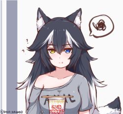 Rule 34 | 10s, 1girl, :t, ?, animal ears, black hair, blue eyes, brand name imitation, breasts, clothes writing, collarbone, disco brando, food, grey wolf (kemono friends), heterochromia, kemono friends, long hair, looking at viewer, multicolored hair, nissin cup noodle, solo, speech bubble, tail, twitter username, two-tone hair, wolf ears, wolf tail, yellow eyes