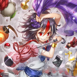 Rule 34 | 1girl, black hair, bobomaster, camera, doll, grey horns, grin, highres, horns, impossible spell card, kijin seija, lantern, looking at viewer, multicolored hair, red eyes, red hair, short hair, smile, solo, striped horns, touhou, yin yang