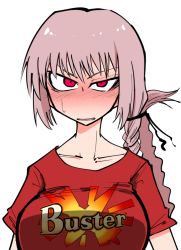 Rule 34 | 1girl, bad id, bad pixiv id, blush, braid, breasts, buster shirt, clothes writing, fate/grand order, fate (series), florence nightingale (fate), large breasts, long hair, looking at viewer, nuka cola06, pink hair, red eyes, shirt, t-shirt