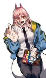 Rule 34 | 1girl, absurdres, black necktie, black pants, blue jacket, book, breasts, chainsaw man, collared shirt, cowboy shot, cross-shaped pupils, demon girl, furrowed brow, hair between eyes, highres, holding, holding book, horns, jacket, jacket partially removed, long hair, medium breasts, middle finger, necktie, open mouth, pants, pink hair, power (chainsaw man), red eyes, red horns, sharp teeth, shirt, solo, symbol-shaped pupils, teeth, white background, white shirt, xi luo an ya