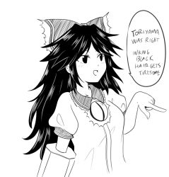 Rule 34 | 1girl, arm cannon, bow, commentary, dr. addamelech, english commentary, english text, greyscale, hair bow, long hair, monochrome, open mouth, reiuji utsuho, solo, speech bubble, third eye, touhou, upper body, weapon