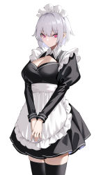 Rule 34 | 1girl, absurdres, apron, black dress, black thighhighs, breasts, cleavage, cleavage cutout, clothing cutout, dress, frills, highres, large breasts, long sleeves, looking at viewer, maid, maid headdress, ohisashiburi (style), original, pink eyes, short hair, sidelocks, simple background, solo, spider apple, thighhighs, thighs, waist apron, white apron, white background, white hair