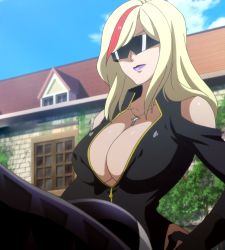 Rule 34 | 10s, 1girl, blonde hair, breasts, cleavage, female focus, hasami rein, highres, jewelry, kaneko hiraku, large breasts, long hair, nature, necklace, outdoors, sky, smile, solo, stitched, third-party edit, valkyrie drive, valkyrie drive -mermaid-