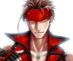 Rule 34 | 1boy, 91 (ichi0630), arc system works, bad id, bad pixiv id, big al, brown hair, cosplay, fingerless gloves, gloves, guilty gear, headband, jewelry, kyuichi, male focus, necklace, simple background, skull, smile, sol badguy, sol badguy (cosplay), solo, vocaloid, yellow eyes