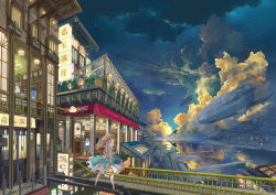 Rule 34 | 1girl, 5girls, aircraft, architecture, balcony, bird, black hair, blonde hair, blue eyes, bonsai, bookshelf, brown hair, building, cafe, cat, chair, cityscape, clock, cloud, cloudy sky, dirigible, highres, lantern, long hair, looking at another, looking away, multiple girls, night, night sky, original, outdoors, plant, plate, potted plant, railing, remosse512, scenery, short hair, sign, sky, star (sky), teapot, twilight, window