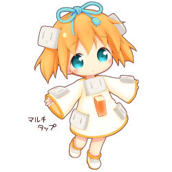 Rule 34 | 1girl, aikei ake, blue eyes, blue ribbon, blush, boots, brown dress, brown footwear, cable, chibi, closed mouth, dress, full body, hair between eyes, hair ornament, hair ribbon, highres, long sleeves, looking at viewer, orange hair, original, personification, ribbon, simple background, sleeves past wrists, solo, standing, standing on one leg, translation request, white background, wide sleeves