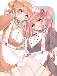 Rule 34 | 2girls, absurdres, alternate costume, alternate hairstyle, apron, blunt bangs, breasts, collar, earrings, enmaided, feather earrings, feathers, green hair, hair behind ear, heart, heart in eye, highres, hololive, hololive english, jewelry, looking at viewer, looking down, maid, maid apron, maka aratame, medium breasts, mori calliope, multicolored hair, multiple girls, orange hair, pink hair, skindentation, smile, streaked hair, symbol in eye, takanashi kiara, thigh strap, thighhighs, twintails, valentine, virtual youtuber