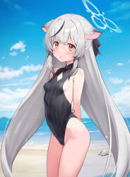 Rule 34 | 1girl, :o, adapted costume, animal ear fluff, animal ears, arms behind back, bare shoulders, beach, black hair, black one-piece swimsuit, black ribbon, blue archive, blue sky, blush, breasts, bubble, casual one-piece swimsuit, cloud, commentary request, cowboy shot, day, diamond cutout, fubuki rinne, grey hair, hair ribbon, halo, highres, horizon, kokona (blue archive), long hair, looking at viewer, multicolored hair, ocean, one-piece swimsuit, orange eyes, outdoors, parted lips, ribbon, seashell, shell, shore, sky, small breasts, solo, streaked hair, striped clothes, striped one-piece swimsuit, swimsuit, tiger ears, vertical-striped clothes, vertical-striped one-piece swimsuit, very long hair, water