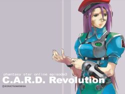 Rule 34 | 1girl, bracelet, breasts, camouflage, collared shirt, copyright name, english text, green eyes, grey background, jewelry, killa, long hair, phantasy star, phantasy star online, puffy short sleeves, puffy sleeves, purple hair, ramarl, sega, shirt, short sleeves, shoulder pads, simple background, solo, two-tone background
