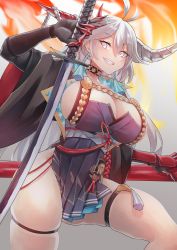 Rule 34 | 1girl, absurdres, antenna hair, asymmetrical horns, azur lane, black gloves, breasts, choker, cleavage, dress, earrings, gloves, grin, hair between eyes, hakuryuu (azur lane), highres, horns, huge filesize, jewelry, large breasts, long hair, mismatched horns, pelvic curtain, pleated dress, rope, skindentation, smile, take yaki, thigh strap, thighs, unsheathed, white hair, world of warships