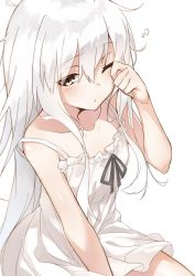 Rule 34 | 1girl, arm between legs, bare arms, bare shoulders, black ribbon, blush, brown eyes, collarbone, commentary request, flat chest, highres, long hair, nightgown, one eye closed, original, ribbon, simple background, sitting, sleepy, solo, upper body, very long hair, white background, white hair, white nightgown, yakitori (yakitori06)