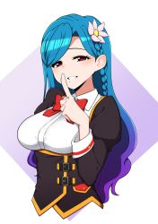 Rule 34 | 1girl, aikatsu!, aikatsu! (series), black jacket, blouse, blue hair, bow, bowtie, braid, breasts, collared shirt, commentary, cropped torso, dream academy school uniform, finger to mouth, flower, gradient hair, grin, hair behind ear, hair flower, hair ornament, half-closed eyes, hand up, highres, index finger raised, jacket, juliet sleeves, kazesawa sora, light blush, long sleeves, looking at viewer, medium breasts, minakamirin, mole, mole under mouth, multicolored hair, parted lips, pink flower, puffy sleeves, purple background, purple hair, red bow, red bowtie, red eyes, school uniform, shirt, side braid, single braid, smile, solo, swept bangs, two-tone background, two-tone hair, upper body, white background, white shirt