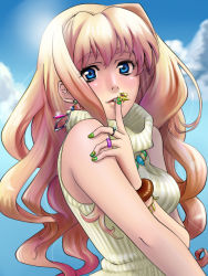 Rule 34 | 1girl, blonde hair, blue eyes, earrings, finger to mouth, green nails, jewelry, long hair, macross, macross frontier, miruhito (sakiomiruhito), nail polish, portrait, ribbed sweater, ring, sheryl nome, solo, sweater, turtleneck