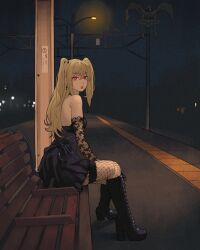 Rule 34 | 2girls, amane misa, arm warmers, bare shoulders, bench, black dress, blonde hair, boots, cross, cross earrings, death note, dress, earrings, fishnet thighhighs, fishnets, giganticbuddha, high heel boots, high heels, highres, jewelry, lipstick, long hair, looking at viewer, makeup, multiple girls, night, night sky, outdoors, park bench, parted lips, rem (death note), ribbon, sitting, sky, thighhighs, train station