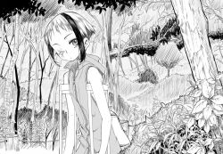 Rule 34 | 1girl, bag, bikko, crutch, eyepatch, fence, forest, greyscale, looking at viewer, monochrome, multicolored hair, nature, one-eyed, original, outdoors, scar, short hair, solo, tree, two-tone hair, yoshida on