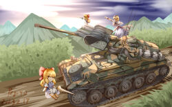 Rule 34 | 3girls, absurdres, alice margatroid, amx-13, blonde hair, blue dress, bow, caterpillar tracks, chinese commentary, cloud, commentary request, dated, dress, full body, gloves, hair bow, highres, holding, holding weapon, military vehicle, motor vehicle, mountainous horizon, multiple girls, outdoors, pointing, pzgr.40, red bow, shanghai doll, signature, tank, touhou, variant set, weapon, wide shot