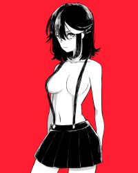 Rule 34 | 10s, 1girl, 320 (romsen), bad id, bad pixiv id, black hair, breasts, closed mouth, commentary request, covered erect nipples, female focus, highres, kill la kill, looking at viewer, matoi ryuuko, medium breasts, miniskirt, monochrome, multicolored hair, naked suspenders, navel, pleated skirt, red background, red hair, short hair, simple background, skirt, solo, suspender skirt, suspenders, two-tone hair, upper body