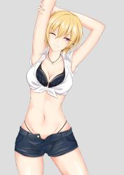 Rule 34 | 1girl, armpits, arms up, black bra, black panties, black shorts, blonde hair, blush, bra, breasts, cleavage, collarbone, commentary, cowboy shot, crop top, ear piercing, front-tie top, grey background, groin, hair between eyes, highleg, highleg panties, highres, idolmaster, idolmaster shiny colors, jewelry, large breasts, looking at viewer, midriff, navel, necklace, one eye closed, open fly, panties, piercing, purple eyes, saijo juri, shirt, short hair, short shorts, short sleeves, shorts, simple background, solo, standing, stomach, stretching, thighs, tied shirt, tsurime, underwear, watarase piro, white shirt