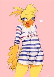 Rule 34 | 1girl, arms behind back, beak, bebebe, blonde hair, blue eyes, blue shirt, blush, bottomless, clothes writing, collarbone, english text, ettie (fifa), female focus, fifa, flat chest, furry, furry female, gluteal fold, half-closed eyes, happy, heart, looking to the side, nose blush, open mouth, oversized clothes, oversized shirt, own hands together, pink background, shirt, short hair, short sleeves, simple background, smile, solo, standing, striped clothes, striped shirt, sweat, tongue, topknot