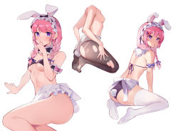 Rule 34 | 1girl, absurdres, animal ears, ass, bare shoulders, bikini, blush, breasts, commentary request, copyright request, covered erect nipples, fake animal ears, from behind, highres, leotard, long hair, maid, maid bikini, maid headdress, medium breasts, multiple views, nipples, pantyhose, pink hair, playboy bunny, purple eyes, rabbit ears, rabbit tail, simple background, swimsuit, tail, thighhighs, torn clothes, torn legwear, unconventional maid, wavy mouth, white background, white thighhighs, yayako (804907150)
