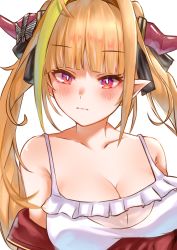 Rule 34 | 1girl, bare shoulders, black ribbon, blonde hair, blunt bangs, blush, bow, breasts, bright pupils, camisole, cleavage, closed mouth, collarbone, commentary request, diagonal-striped bow, dragon girl, dragon horns, expressionless, frilled camisole, frills, gradient eyes, hair ribbon, highres, hololive, horn bow, horn ornament, horns, jacket, kiryu coco, kiryu coco (loungewear), large breasts, long hair, looking at viewer, multicolored eyes, multicolored hair, off shoulder, official alternate costume, open clothes, open jacket, orange hair, pointy ears, purple eyes, red eyes, red jacket, ribbon, see-through, sidelocks, simple background, solo, spaghetti strap, streaked hair, striped, striped bow, track jacket, twintails, upper body, virtual youtuber, white background, white camisole, white pupils, yamada (iroha97151188)