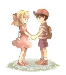 Rule 34 | 1boy, 1girl, backpack, bag, black hair, blonde hair, blue eyes, brown hair, dress, from side, hair ribbon, hand grab, haren, hat, hetero, highres, holding hands, mary janes, mother (game), mother 2, ness (mother 2), nintendo, paula (mother 2), pink dress, red ribbon, ribbon, shirt, shoes, shorts, smile, sneakers, striped clothes, striped shirt, twitter username