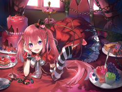 Rule 34 | 1girl, :d, all fours, apple, arm support, asymmetrical hair, blueberry, blush, bokura wa mahou shoujo no naka, cake, chain, chair, cuffs, cup, cupcake, curtains, detached sleeves, dress, drinking glass, eihi, food, fork, fruit, glass, gothic lolita, grapes, hand on own cheek, hand on own face, handcuffs, hat, hat ornament, heart, indoors, knife, lolita fashion, lying, macaron, mini hat, nail polish, on table, open mouth, original, pie, pie slice, pink eyes, plate, puffy short sleeves, puffy sleeves, red dress, red footwear, red hair, red theme, retsuzane, shackles, shoes, short sleeves, smile, solo, strawberry, striped, striped sleeves, table, tablecloth, tiered tray, window, wine glass