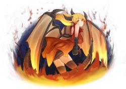 Rule 34 | 1girl, animal hands, backless dress, backless outfit, bare shoulders, black thighhighs, blonde hair, commentary, dragon (monster girl encyclopedia), dragon girl, dragon tail, dragon wings, dress, fins, fire, gradient hair, head fins, highres, horns, leaning forward, long hair, looking at viewer, monster girl, monster girl encyclopedia, multicolored hair, nanostar, orange dress, orange eyes, orange hair, original, shorts under dress, smile, solo, tail, thighhighs, transparent background, waffle (cheapblast), wings
