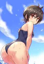 Rule 34 | 1girl, ass, bare shoulders, black hair, blush, breasts, brown eyes, cougar (cougar1404), from behind, leaning, leaning forward, looking at viewer, looking back, looking down, medium breasts, mole, mole on ass, nari (cougar1404), one-piece swimsuit, original, shiny clothes, shiny skin, short hair, solo, swimsuit, thick thighs, thighs, water, wedgie, wet, wet clothes, wet hair