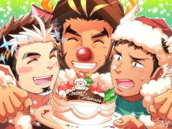 Rule 34 | 3boys, animal costume, antlers, arm around shoulder, bara, blonde hair, blush, brown hair, cake, christmas, close-up, dark-skinned male, dark skin, facial hair, food, food on face, goatee, grin, hat, head wings, hermes (housamo), highres, horns, long sideburns, male focus, mature male, multicolored hair, multiple boys, muscular, muscular male, original, pointy ears, red nose, reindeer antlers, reindeer costume, santa claus, santa hat, short hair, sideburns, smile, snowflakes, strawberry shortcake, streaked hair, stubble, tepen (tptptpn), thick eyebrows, tomte (housamo), two-tone hair, upper body, white hair, wings, yamasachihiko (housamo)