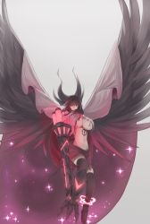 Rule 34 | &gt;:(, 1girl, arm cannon, armor, bird wings, black bow, black hair, black skirt, black thighhighs, black wings, bow, breasts, cape, feathered wings, frown, full body, greaves, groin, hair bow, highres, huge breasts, long hair, looking at viewer, navel, red eyes, reiuji utsuho, satou rin (gobugabuge), shirt, single greave, skirt, solo, sparkle, spread wings, stomach, swept bangs, thighhighs, third eye, torn clothes, torn shirt, touhou, underboob, v-shaped eyebrows, very long hair, weapon, wings