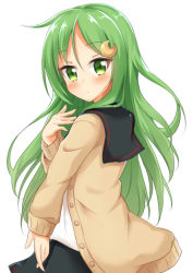Rule 34 | 10s, 1girl, alternate costume, black skirt, blush, buttons, cardigan, commentary request, crescent, crescent hair ornament, green eyes, green hair, hair between eyes, hair ornament, hand up, kamakani (kanikama8192), kantai collection, long hair, long sleeves, looking at viewer, looking to the side, nagatsuki (kancolle), school uniform, simple background, skirt, solo, white background