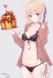 Rule 34 | 1girl, :p, ahoge, alternate costume, apple, apple slice, artoria pendragon (all), artoria pendragon (fate), bikini, black bikini, blonde hair, blue ribbon, blush, breasts, brown jacket, cake, cleavage, closed mouth, collarbone, cowboy shot, dated, drawstring, fate/stay night, fate (series), food, fork, frilled bikini, frilled bikini top, frills, fruit, green eyes, hair ribbon, happy valentine, heart, highres, holding, holding fork, holding plate, jacket, long sleeves, medium breasts, navel, open clothes, open jacket, plate, ribbon, saber (fate), sai (saipoko), short hair, signature, smile, solo, stomach, strawberry, swimsuit, tongue, tongue out