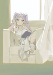 Rule 34 | 1girl, bare shoulders, book, cic tatsumi, collarbone, commentary request, curtains, dress, earrings, elf, frieren, green eyes, grey hair, head on hand, highres, holding, holding book, indoors, jewelry, looking at viewer, on chair, parted bangs, pointy ears, sitting, solo, sousou no frieren, white curtains, white dress, window