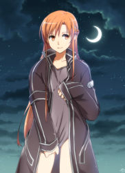 Rule 34 | asuna (sao), black coat, borrowed clothes, bottomless, braid, brown eyes, brown hair, closed mouth, cloud, coat, collarbone, cowboy shot, crescent moon, crown braid, grey shirt, hair between eyes, kiatsu, long hair, looking at viewer, looking to the side, moon, night, open clothes, open coat, outdoors, shirt, shirt tug, sky, smile, solo, standing, star (sky), starry sky, sword art online, very long hair
