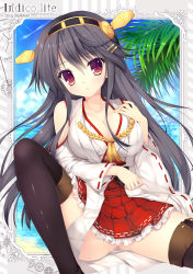Rule 34 | 10s, 1girl, :o, black hair, black thighhighs, border, breasts, cleavage, detached sleeves, haruna (kancolle), headband, headgear, japanese clothes, kantai collection, kimono, large breasts, looking at viewer, mitha, nontraditional miko, outdoors, parted lips, red eyes, sitting, skirt, solo, sparkle, spread legs, striped, striped background, thighhighs, zettai ryouiki