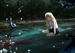 Rule 34 | 1girl, absurdres, arm support, barefoot, bird, black feathers, black skirt, blonde hair, blood, blood in water, blurry, blurry background, closed mouth, commentary, commission, crow, crying, crying with eyes open, english commentary, eudetenis, feathers, highres, hoshino ai (oshi no ko), hoshino ruby, long hair, long sleeves, looking at viewer, one side up, oshi no ko, outdoors, partially submerged, petals, pink eyes, river, second-party source, shirt, sidelocks, sitting, skirt, solo, spoilers, star-shaped pupils, star (symbol), symbol-shaped pupils, tears, tree, variant set, water, white shirt