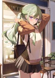 Rule 34 | 1girl, :o, absurdres, azit (down), backpack, bag, brown shirt, chair, commentary request, green hair, highres, korean commentary, kusanagi nene, layered clothes, long hair, long sleeves, looking at viewer, open mouth, plant, ponytail, potted plant, project sekai, purple eyes, shirt, sidelocks, skirt, solo, standing, sweater vest, table, window, zozotown