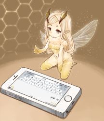 Rule 34 | 1girl, blonde hair, cellphone, covered navel, fairy, fairy wings, horns, mini person, minigirl, mootor, phone, pointy ears, smartphone, solo, wings