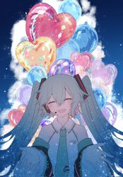 Rule 34 | 1girl, aqua eyes, aqua hair, aqua necktie, balloon, bare shoulders, blue sky, blush, chinese commentary, closed eyes, cloud, cloudy sky, collared shirt, commentary, cumulonimbus cloud, detached sleeves, facing viewer, grey shirt, hair between eyes, hair ornament, hatsune miku, highres, long bangs, long hair, long sleeves, microphone, necktie, number tattoo, open hands, open mouth, outstretched arms, outstretched hand, reaching, reaching towards viewer, shirt, shoulder tattoo, sky, sleeveless, sleeveless shirt, smile, solo, sparkle, sunfish3939, tattoo, twintails, very long hair, vocaloid