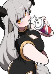 Rule 34 | 1girl, :o, absurdres, animal ears, ass, black dress, black horns, blush, bolt (min lona), breasts, china dress, chinese clothes, cleavage, cleavage cutout, clothing cutout, cup, dress, drink, drinking, drinking straw, goat ears, goat girl, goat horns, grey hair, highres, holding, holding cup, horizontal pupils, horns, large breasts, long hair, low-tied long hair, min lona, open mouth, original, simple background, sleeveless, sleeveless dress, solo, very long hair, yellow eyes