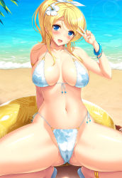 Rule 34 | 10s, 1girl, :d, anklet, arm behind back, arm support, armlet, artist name, ayase eli, bangle, beach, bikini, blonde hair, blue eyes, blush, bracelet, breasts, cameltoe, covered erect nipples, cygnus (cygnus7), floral print, flower, front-tie top, hair flower, hair ornament, hibiscus, highres, jewelry, large breasts, long hair, love live!, love live! school idol festival, love live! school idol project, navel, open mouth, ponytail, print bikini, pussy juice stain, revision, shiny skin, signature, skindentation, smile, solo, spread legs, swimsuit, v