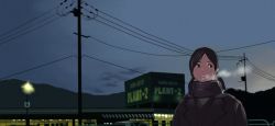 Rule 34 | 1girl, breath, coat, dark, female focus, night, outdoors, power lines, shiira, sky, solo, twintails