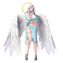 Rule 34 | 1girl, angel wings, breasts, bumcha, cleavage, covered erect nipples, crying, full body, game cg, hair ornament, hairclip, highres, huge breasts, jewelry, last origin, long hair, looking at viewer, navel, necklace, official art, pearl necklace, ramiel (last origin), red eyes, sandals, sarong, silver hair, solo, sweat, tachi-e, tears, transparent background, wavy hair, wings